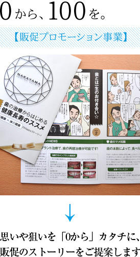 0から、100を。 販促プロモーション事業 伺った思いをカタチへとする、「0から100を」生み出すアイデア集団です。